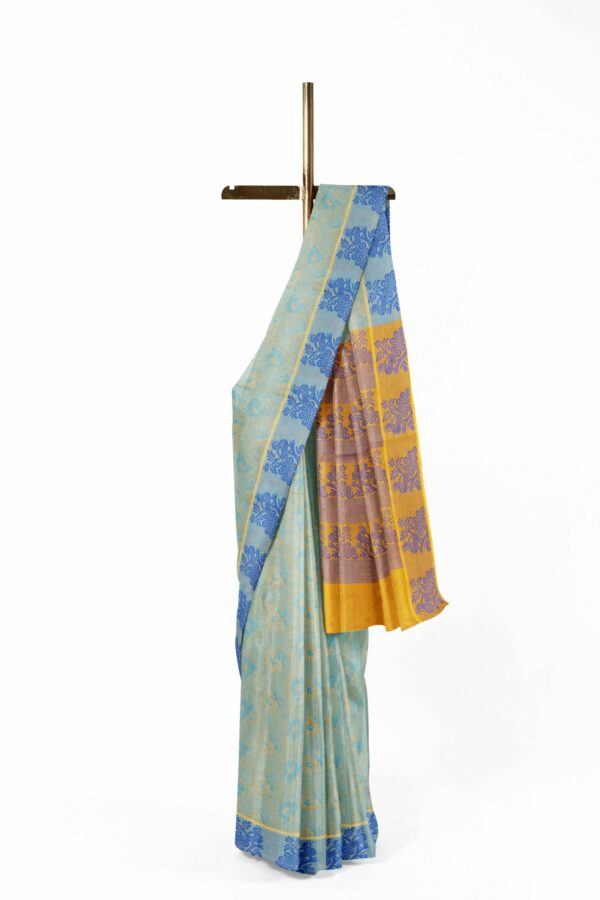 Light green saree with blue border - Image 2