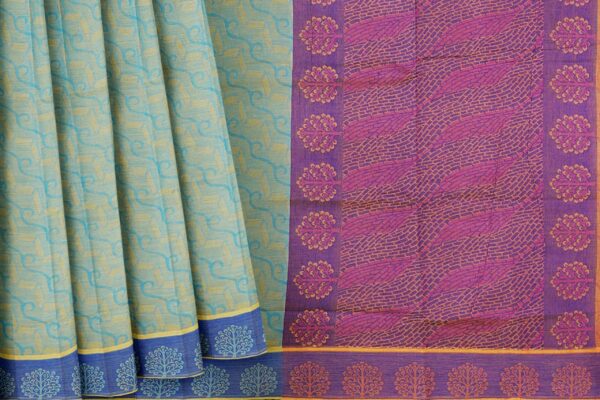 Light green saree with blue border - Image 4