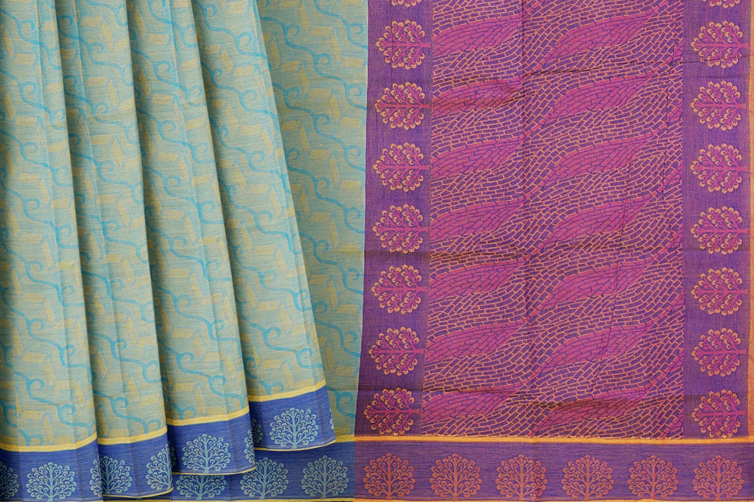 Light green saree with blue border - Image 4