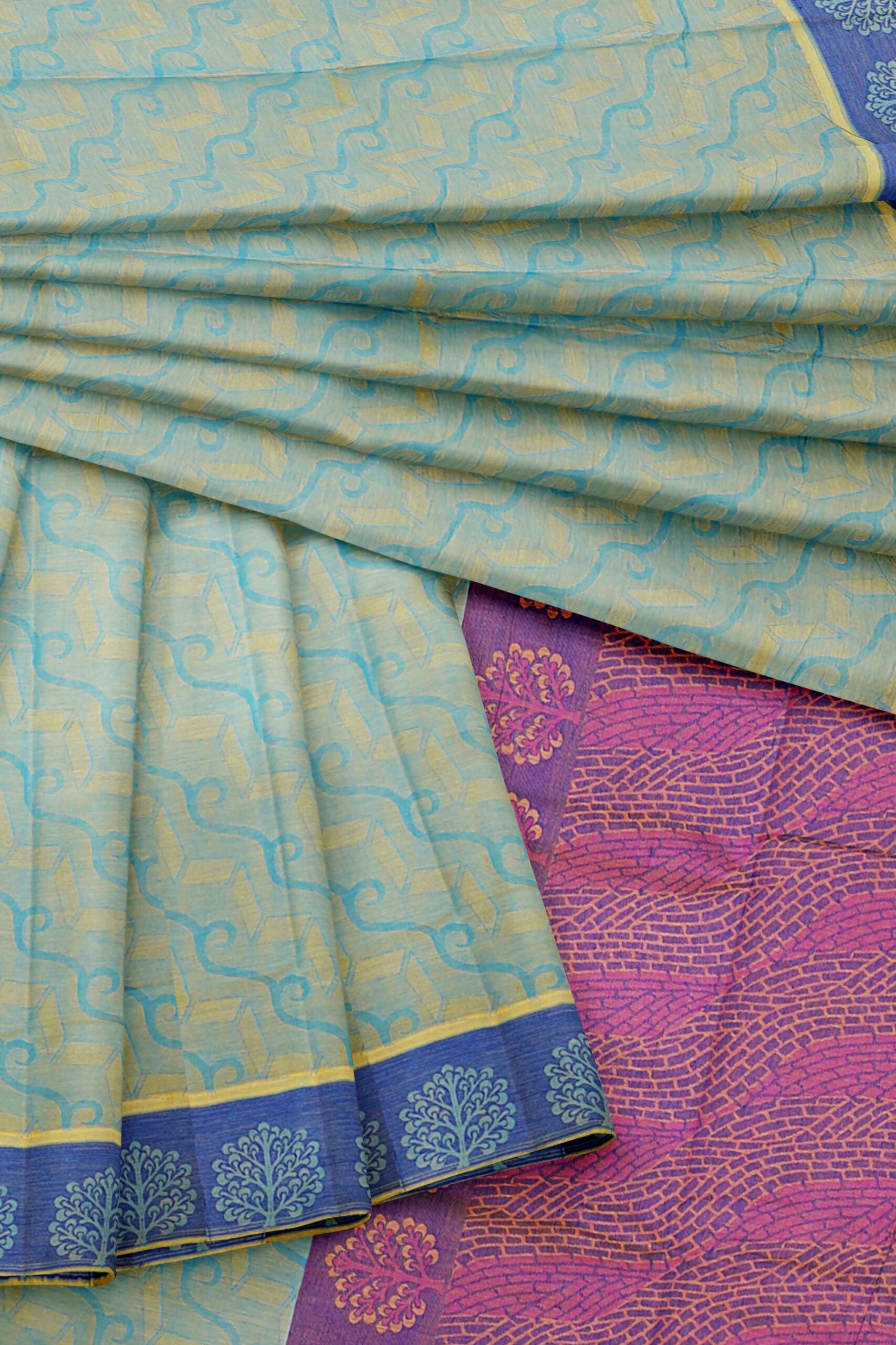 Light green saree with blue border - Image 5