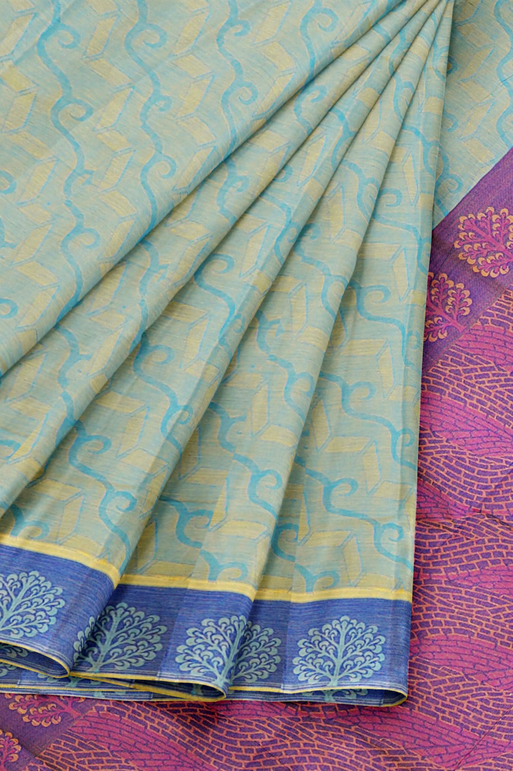 Light green saree with blue border - Image 6