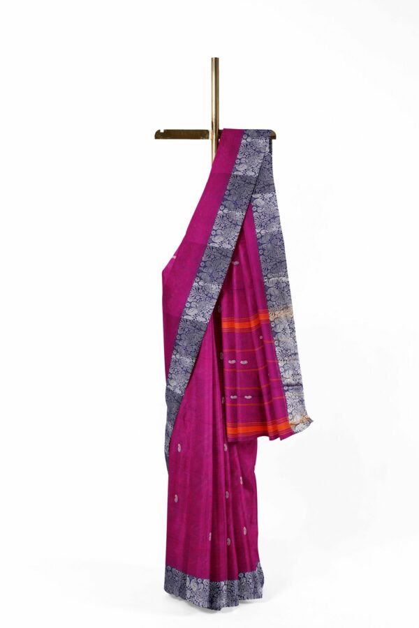 Magenta saree with blue silver border - Image 2