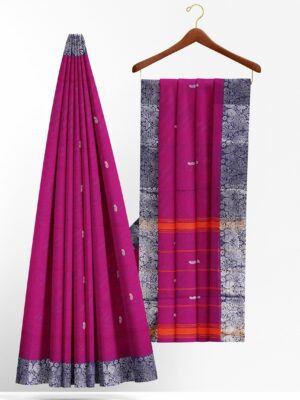 Magenta saree with blue silver border