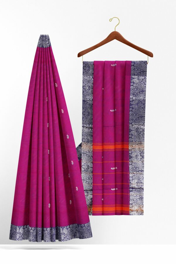 Magenta saree with blue silver border