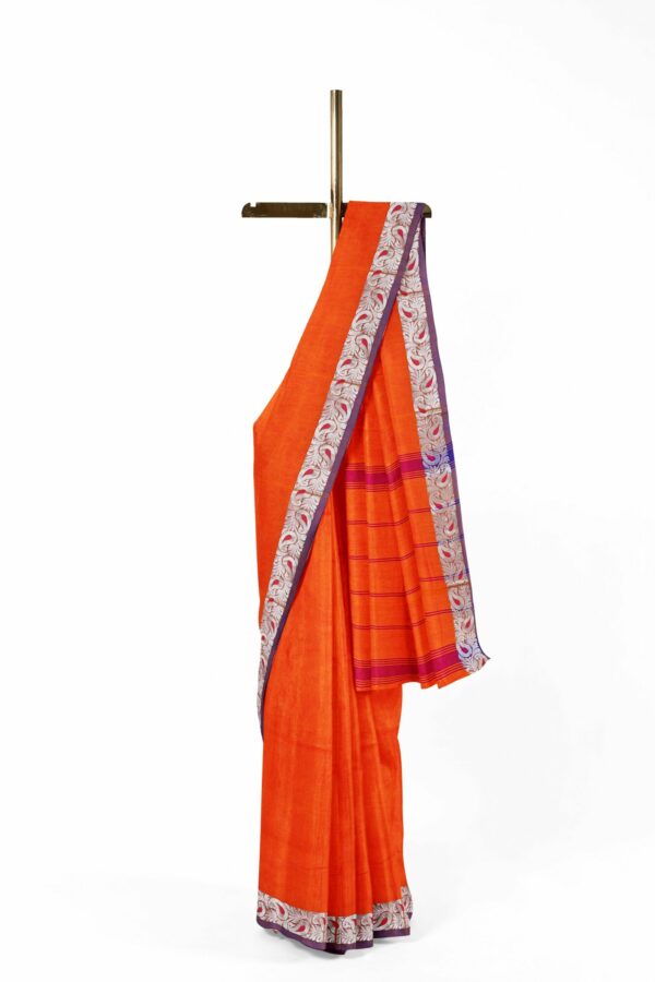 Orange Saree with blue border - Image 2