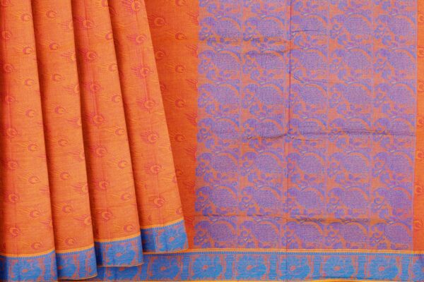 Orange Saree with blue border - Image 4