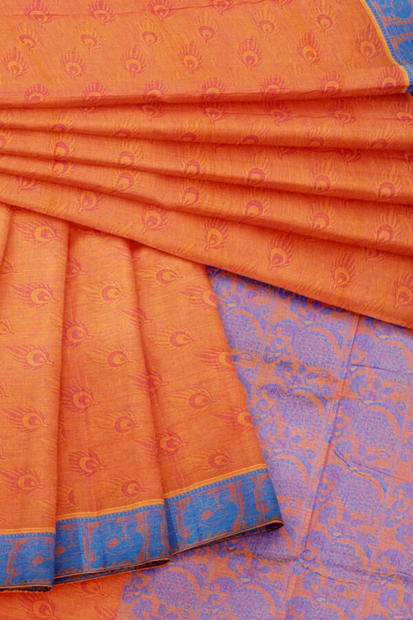 Orange Saree with blue border - Image 5
