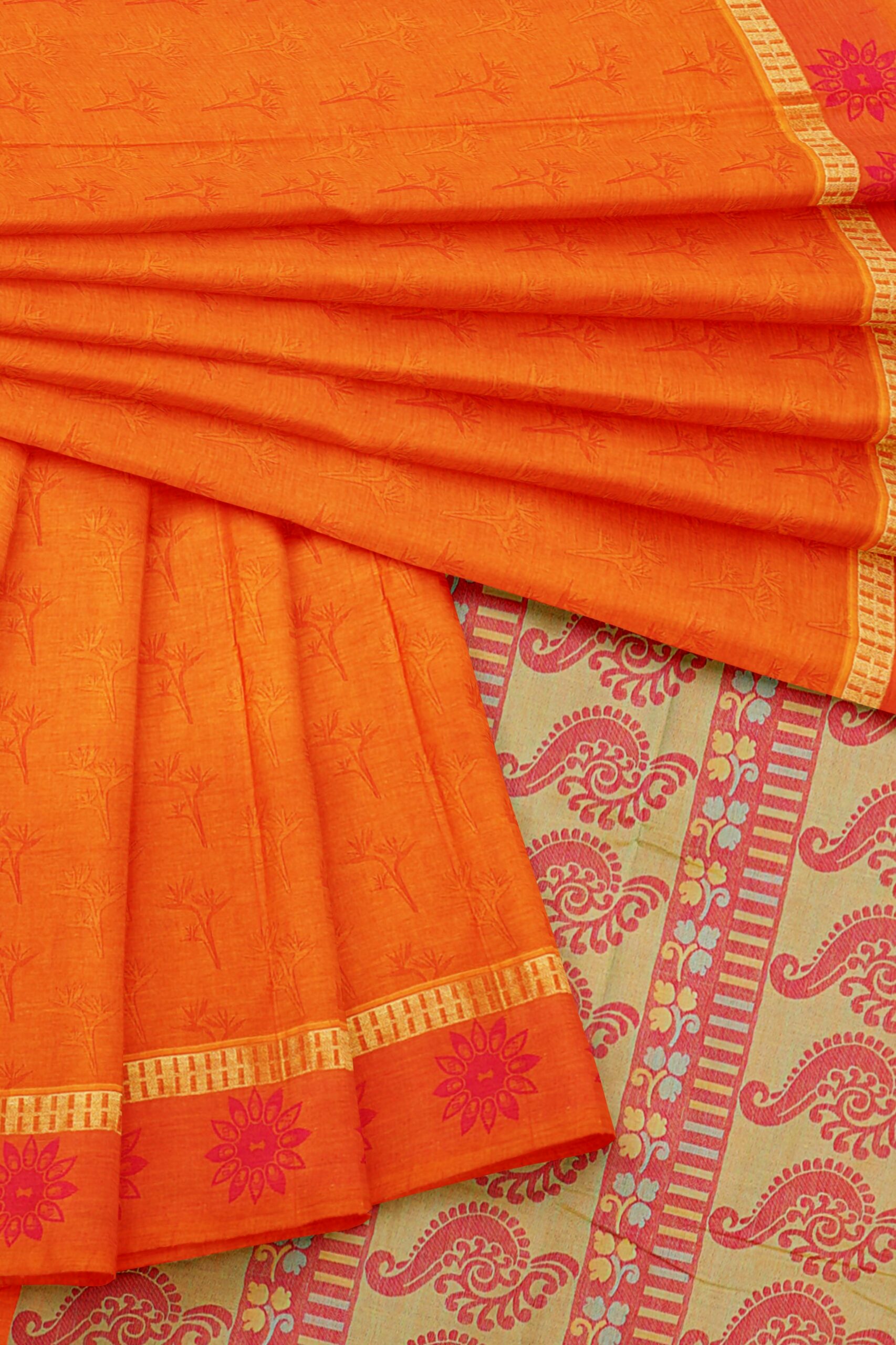 Orange Saree with orange border - Image 5