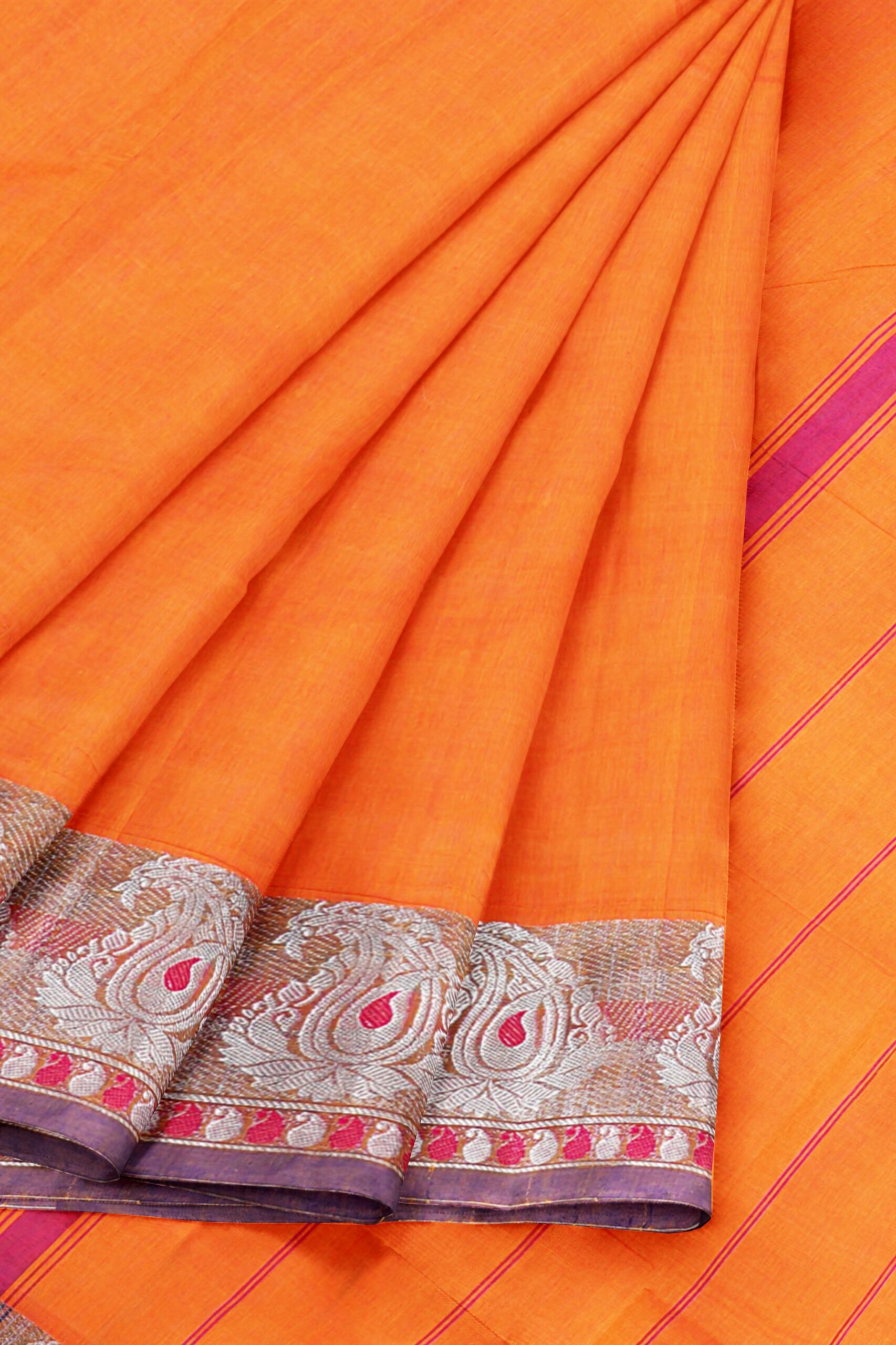 Orange Saree with Red Silver border - Image 6