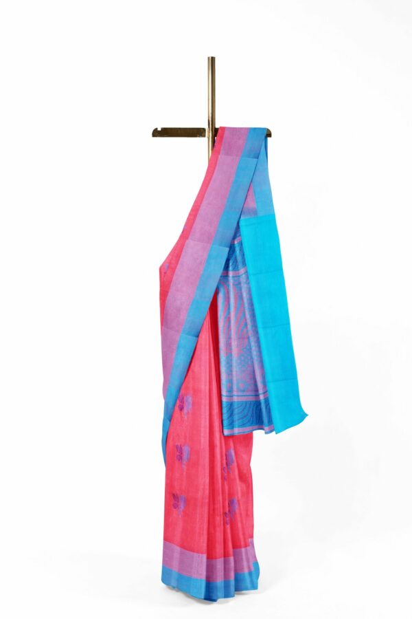 Pink Saree with Blue border - Image 2