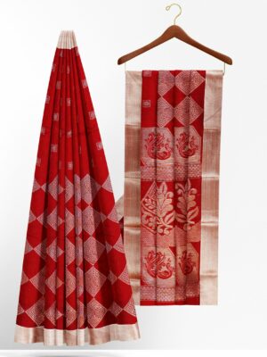 Red saree with silver border