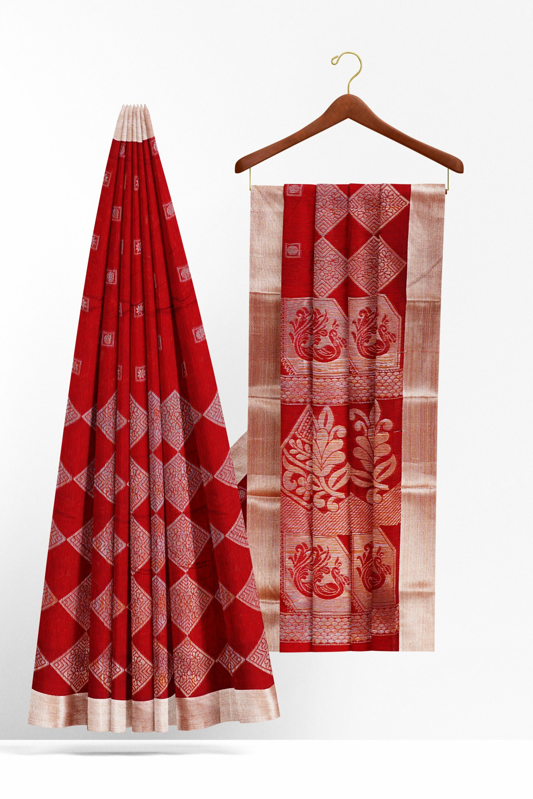 Red saree with silver border