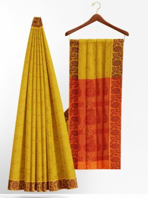 Yellow saree with brown border