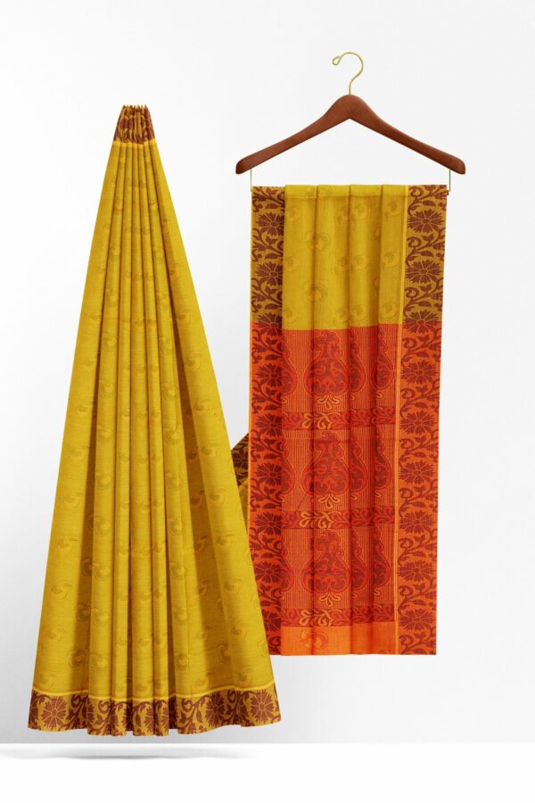 Yellow saree with brown border