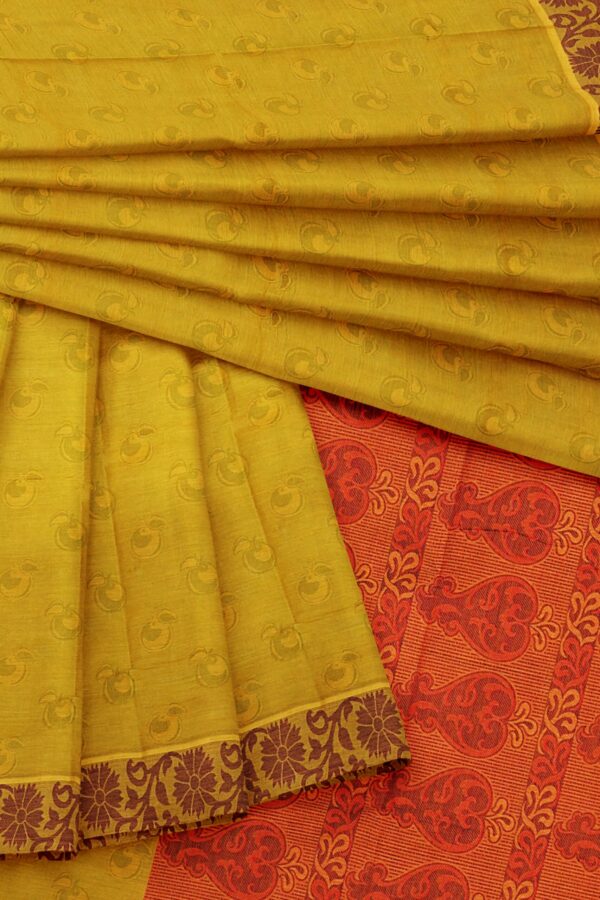 Yellow saree with brown border - Image 5