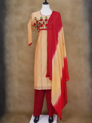 Beige floral design top with red bottom with red and beige shawl kurti