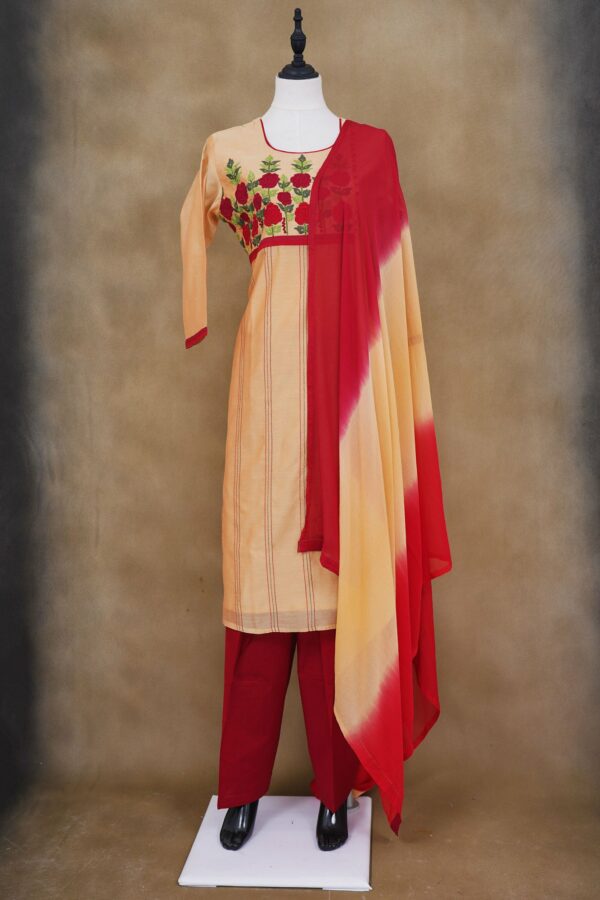 Beige floral design top with red bottom with red and beige shawl kurti