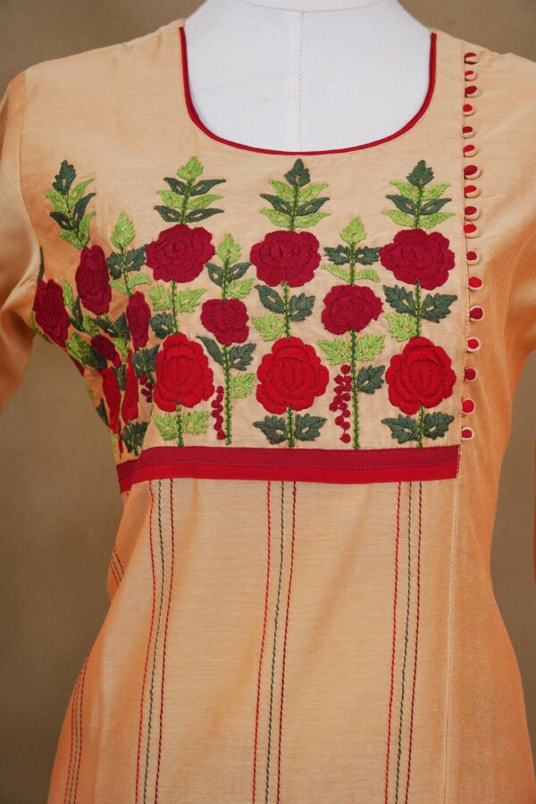 Beige floral design top with red bottom with red and beige shawl kurti - Image 3