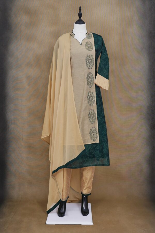 Beige green top with beige bottom and beige shawl kurti