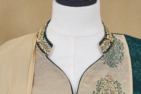Beige green top with beige bottom and beige shawl kurti - Image 4