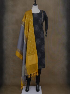 Black and grey design top with black bottom and yellow grey shawl kurti