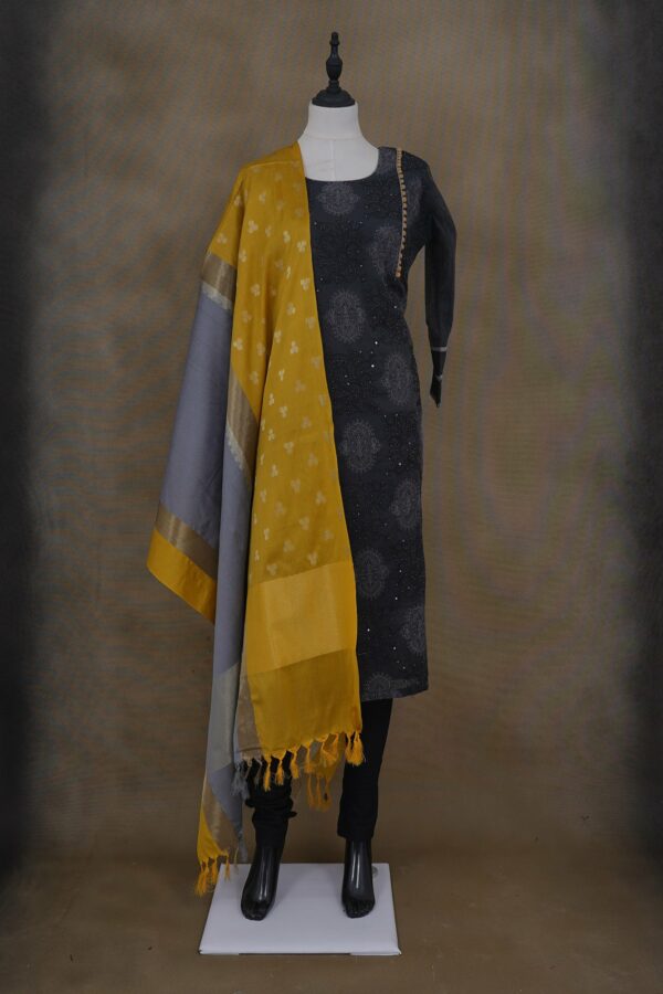 Black and grey design top with black bottom and yellow grey shawl kurti