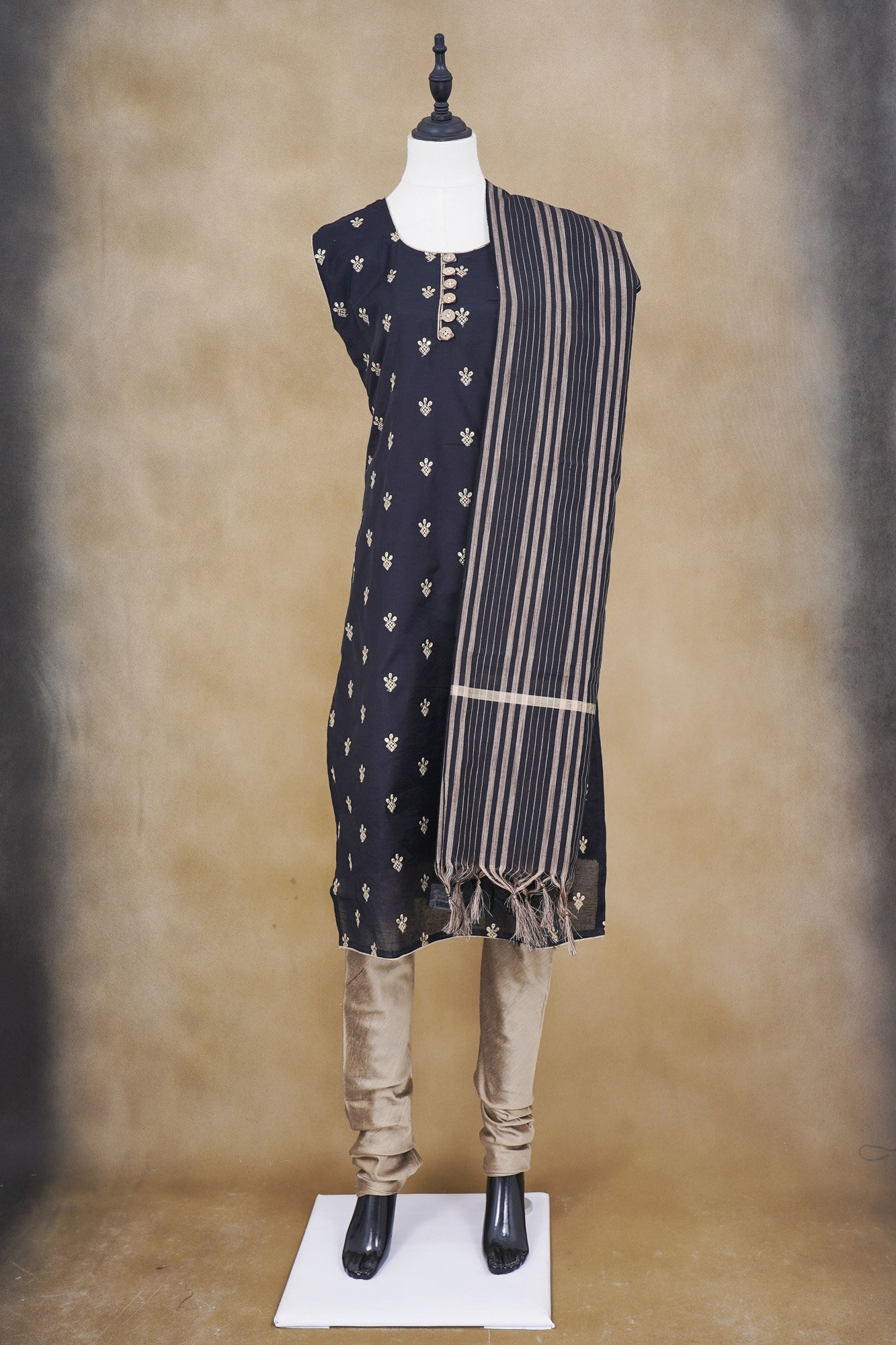 Black design top with beige bottom and black stripe shawl kurti