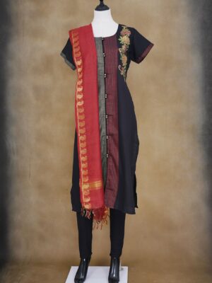 Black floral design top with black and red shawl