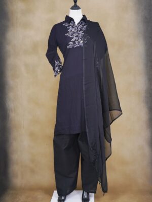 Black floral design top with black palazzo bottom and black shawl kurti