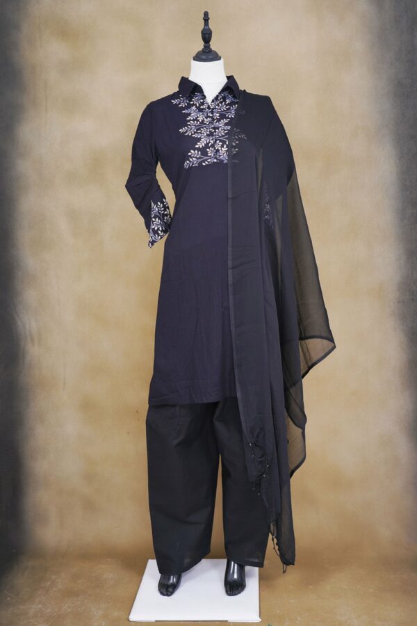 Black floral design top with black palazzo bottom and black shawl kurti