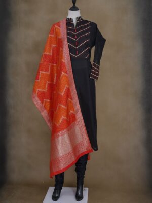 Black top with black bottom and red shawl kurti