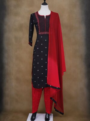 Black top with red bottom and red shawl kurti
