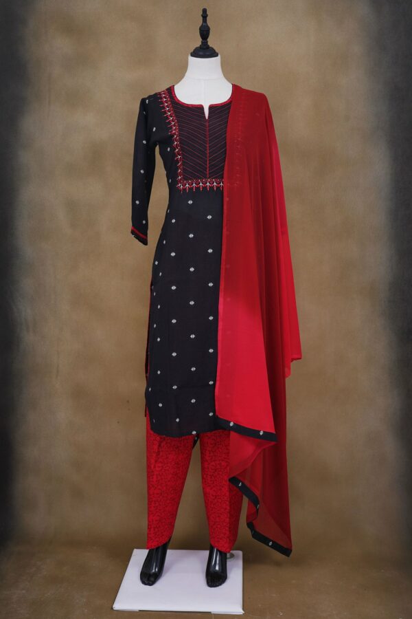 Black top with red bottom and red shawl kurti