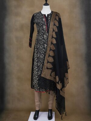 Black with floral top and dark beige bottom with black shawl kurti