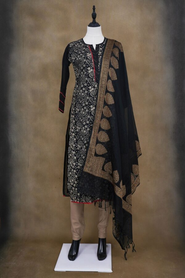 Black with floral top and dark beige bottom with black shawl kurti