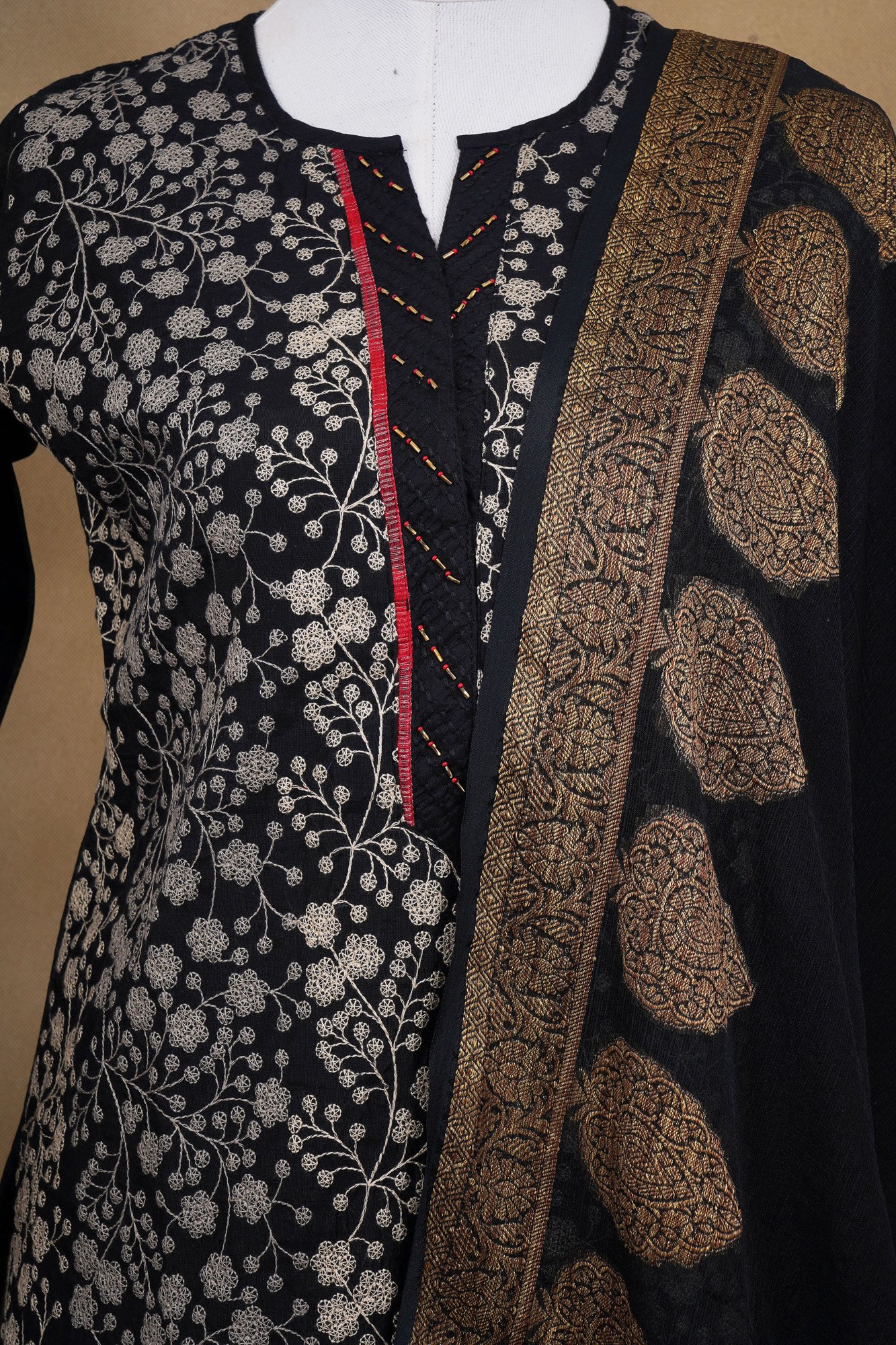 Black with floral top and dark beige bottom with black shawl kurti - Image 2