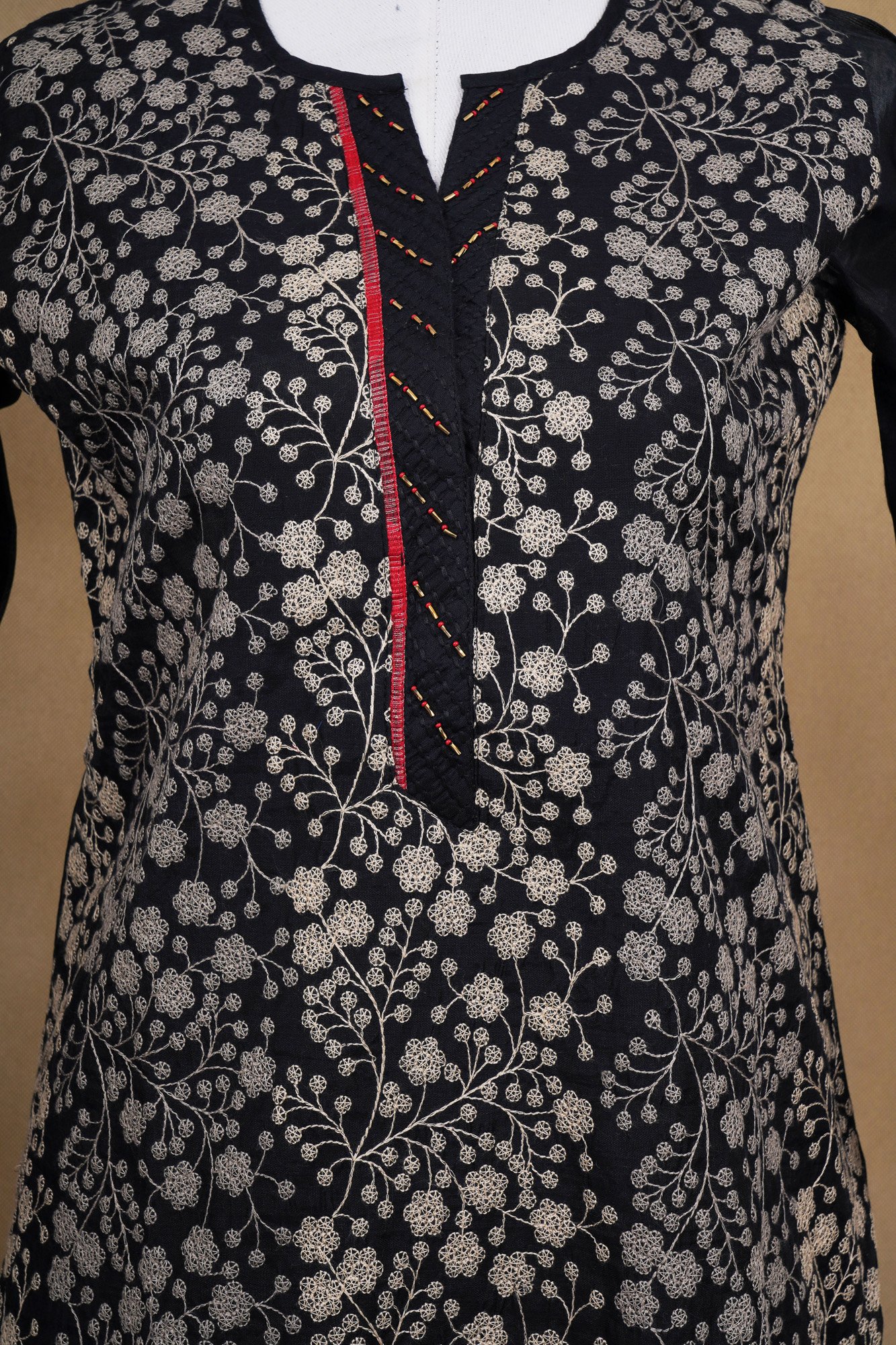 Black with floral top and dark beige bottom with black shawl kurti - Image 3