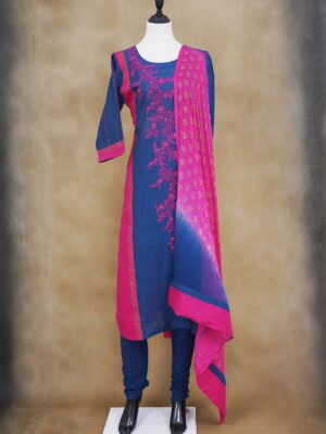 Blue and pink floral design top with blue bottom and pink shawl kurti