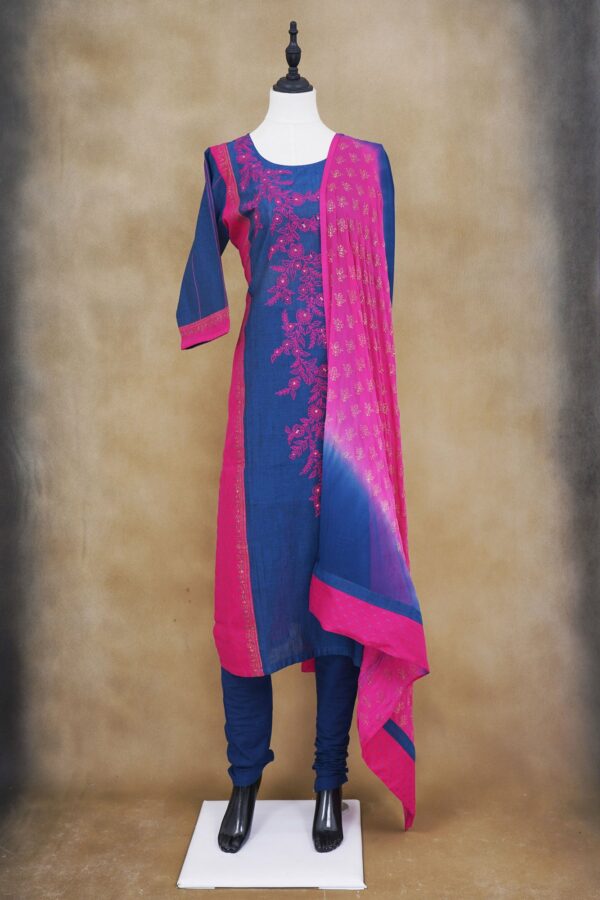 Blue and pink floral design top with blue bottom and pink shawl kurti
