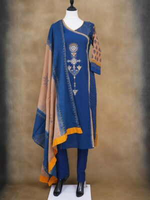 Blue design top with blue bottom and beige shawl kurti