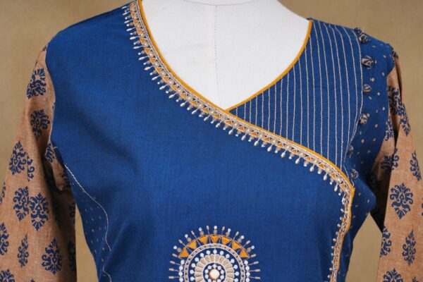 Blue design top with blue bottom and beige shawl kurti - Image 3
