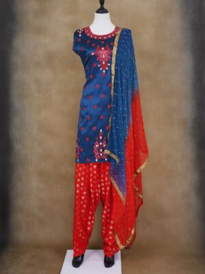 Blue design top with red bottom with red ad blue shawl kurti
