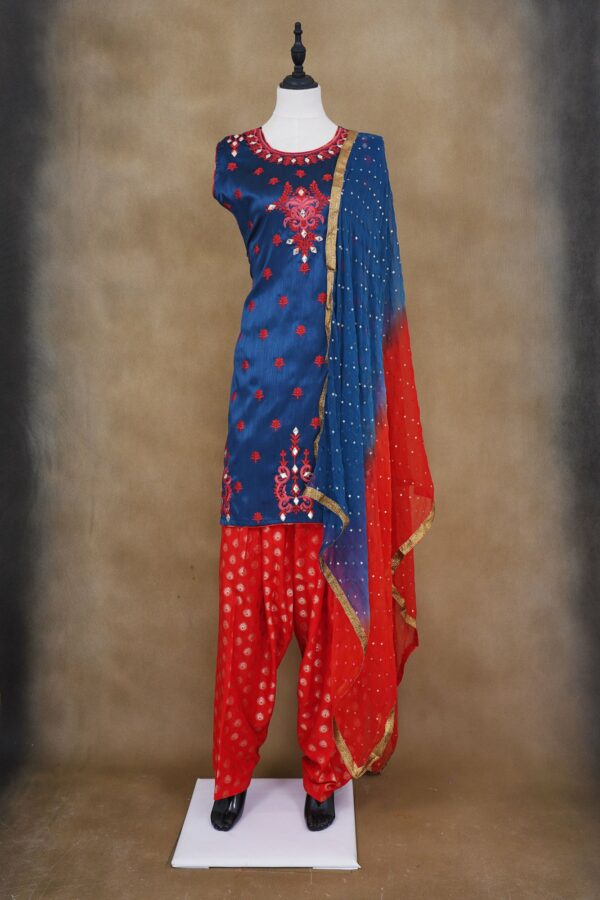 Blue design top with red bottom with red ad blue shawl kurti