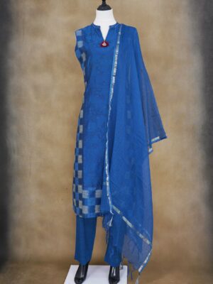 Blue floral design top with blue bottom and blue shawl kurti