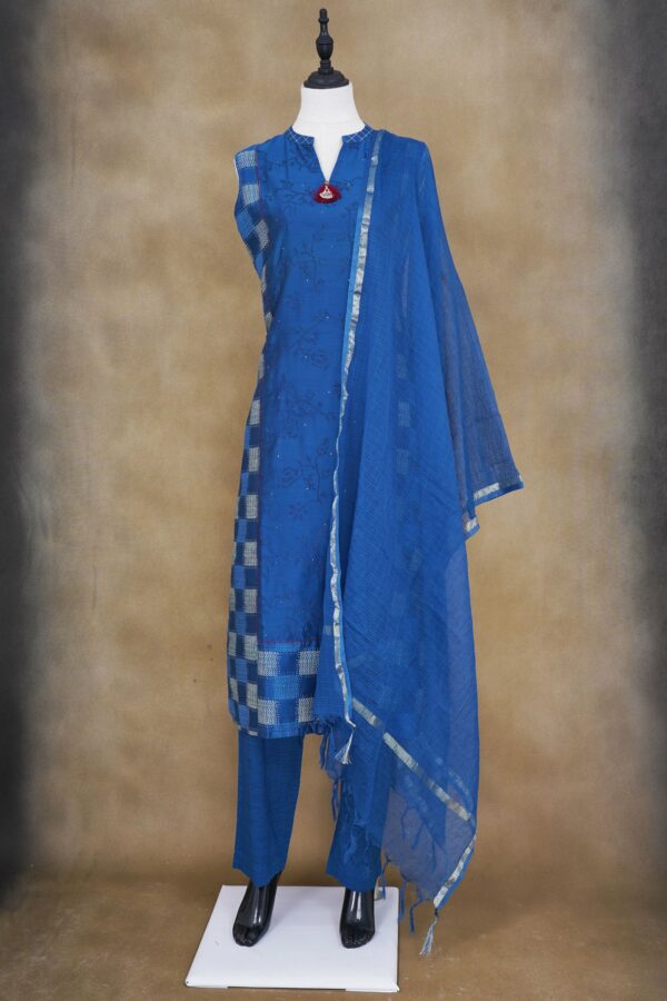 Blue floral design top with blue bottom and blue shawl kurti