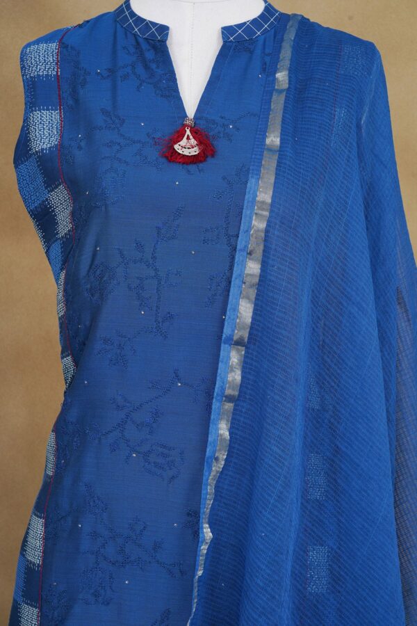 Blue floral design top with blue bottom and blue shawl kurti - Image 2