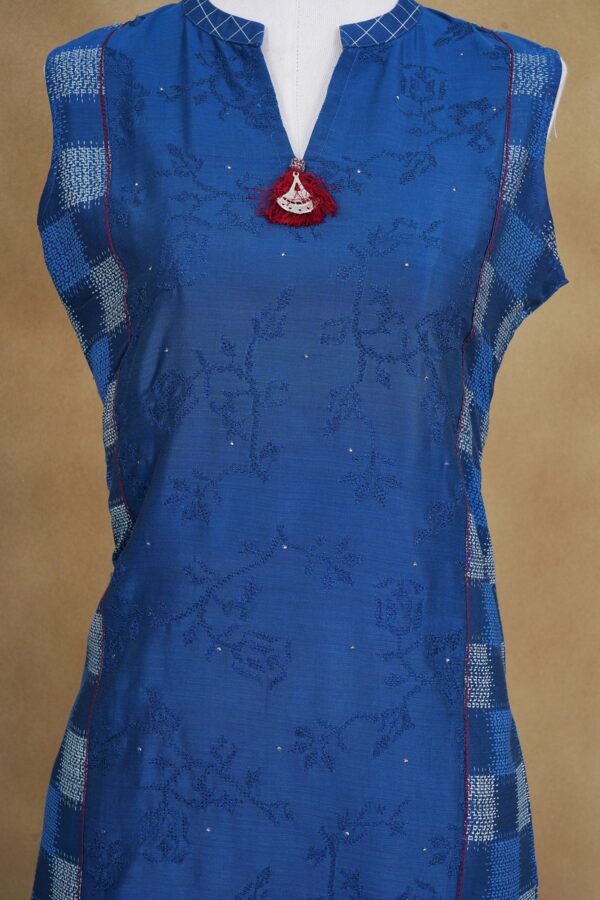 Blue floral design top with blue bottom and blue shawl kurti - Image 3