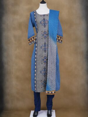 Blue grey design top with dark blue bottom and blue shawl kurti
