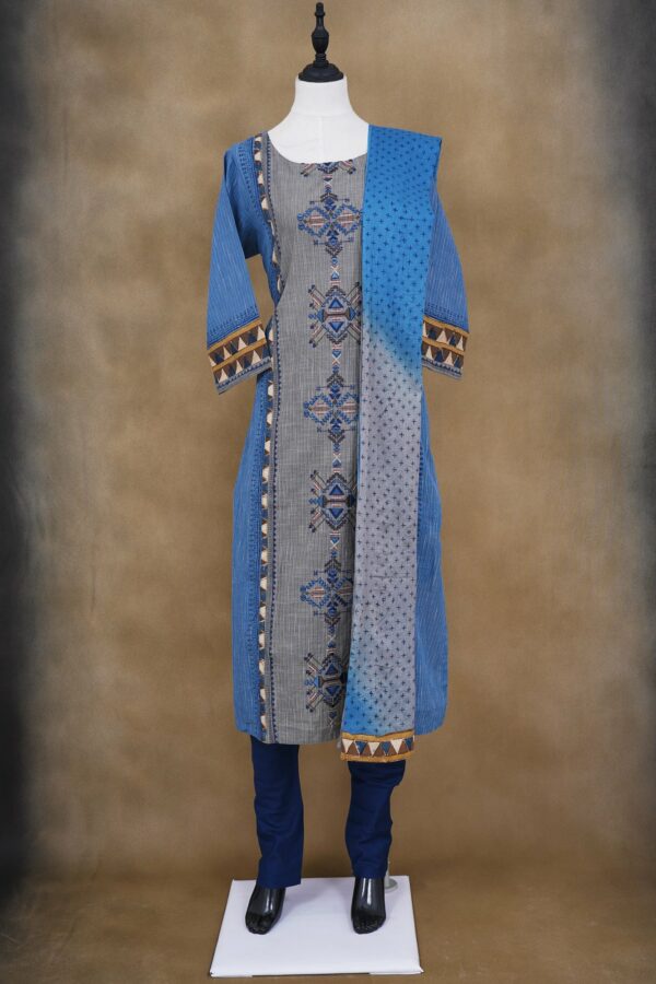 Blue grey design top with dark blue bottom and blue shawl kurti