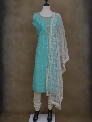 Blue top with white bottom and netted shawl kurti